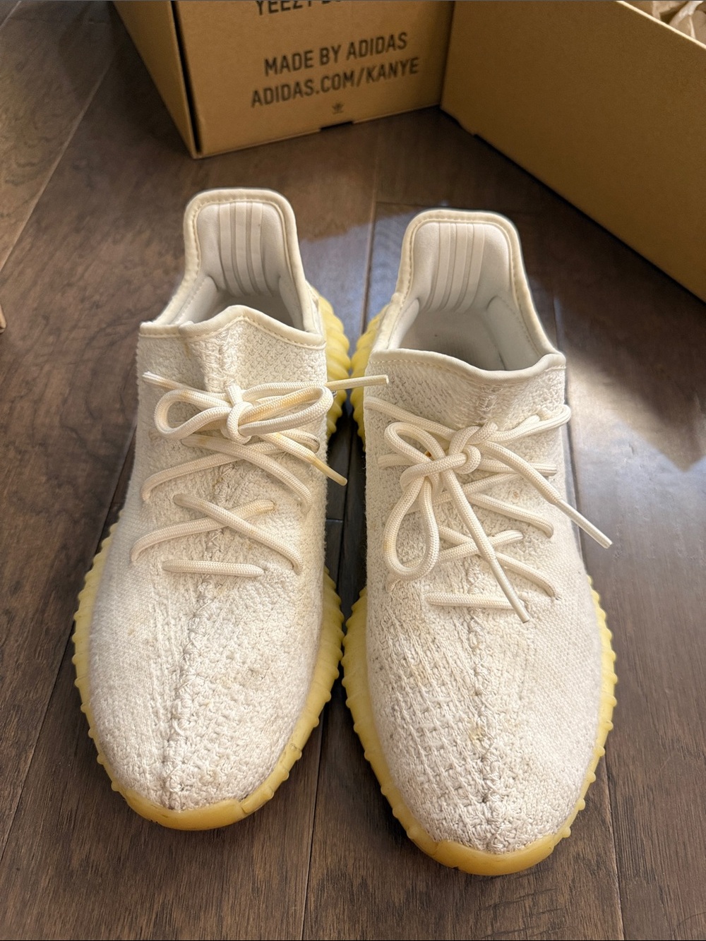 adidas Yeezy Boost 350 Cream Knit Sneakers with Yellow Gum Sole